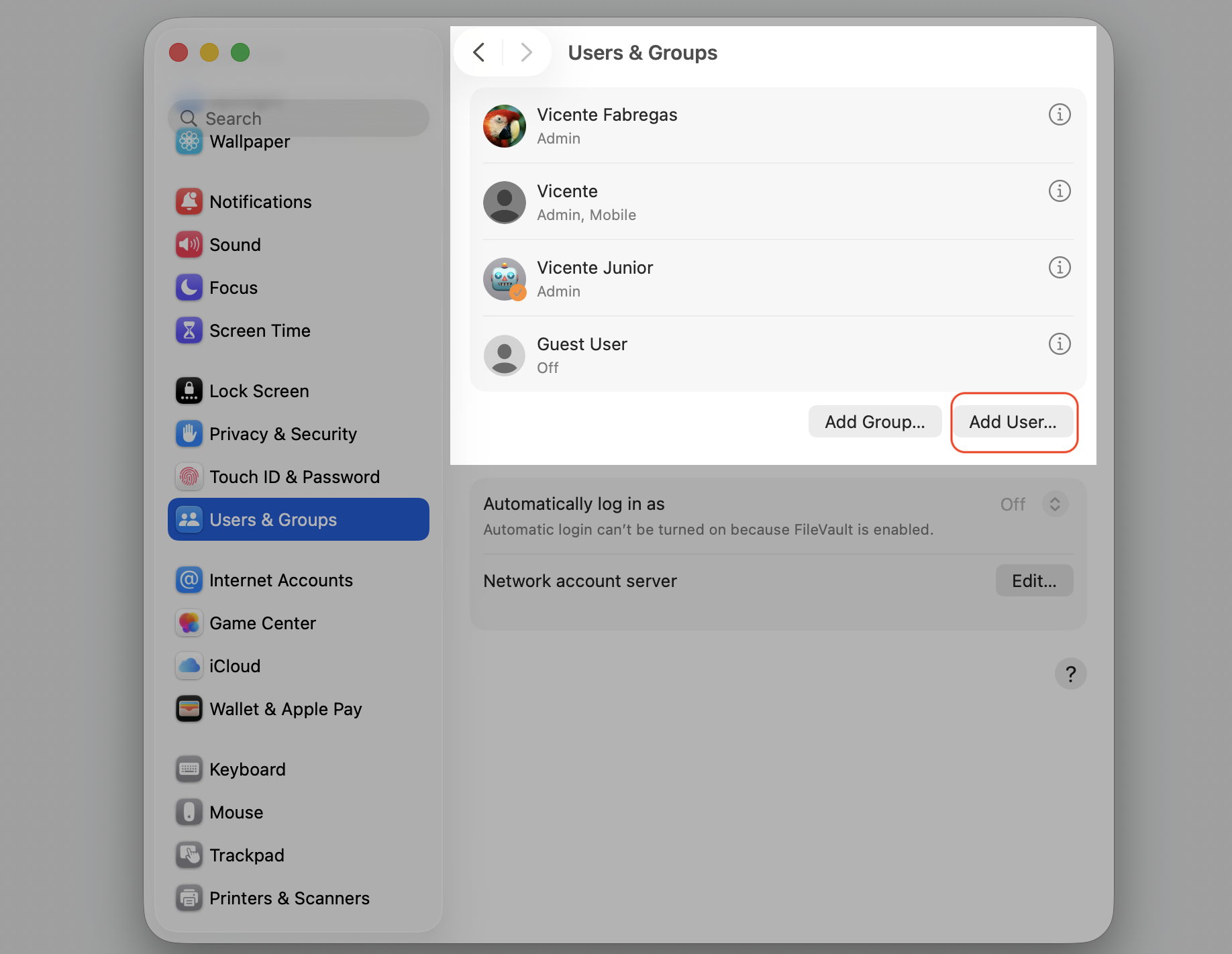 macOS Users & Groups settings on a MacBook showing the account list with the Add User button highlighted to create a new test profile.