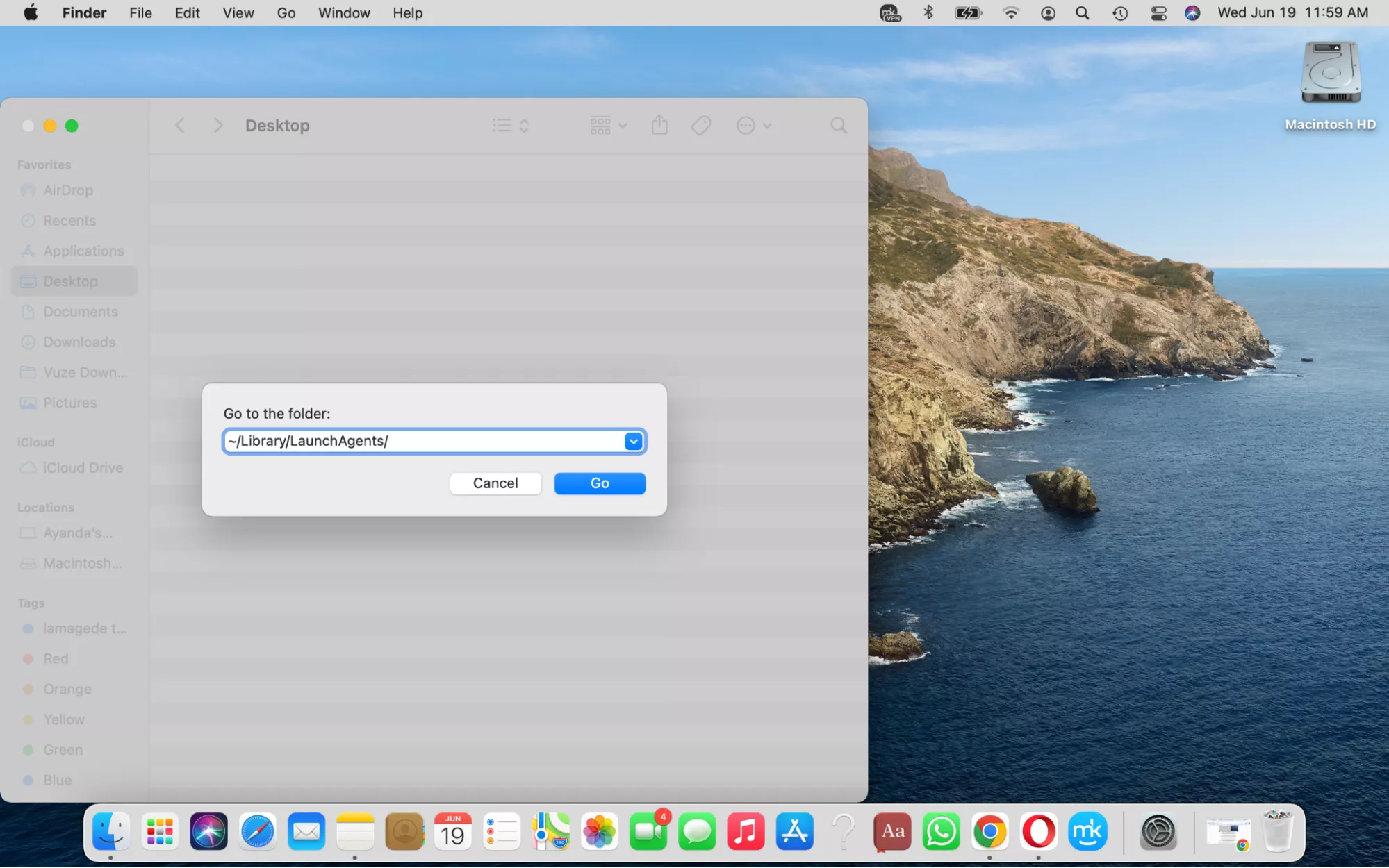 Type /Library/LaunchAgents/ in the Go to Folder text box and remove suspicious items linked to apps like AccessibleSearchEngine.