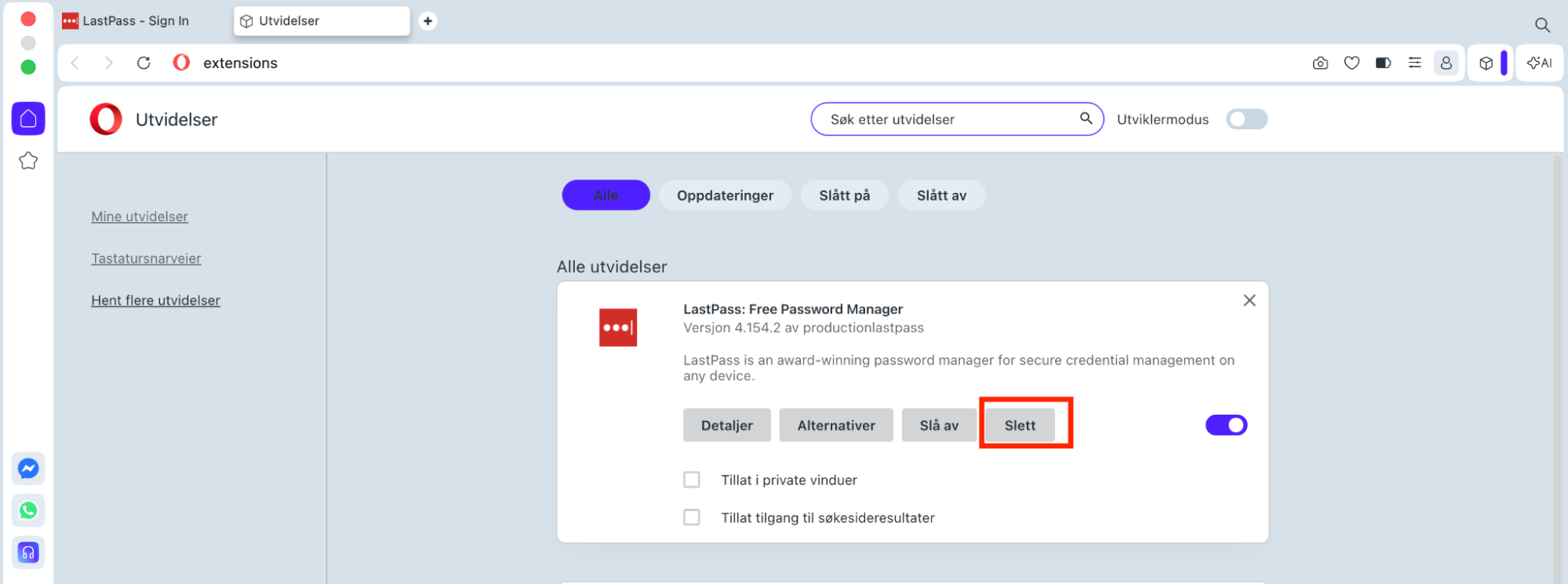 Gå nå gjennom Opera-utvidelsene dine. Hvis du ser noe mistenkelig, klikker du på knappen «Fjern» for å bli kvitt det.