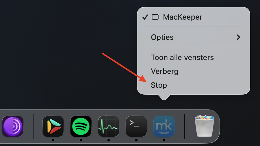 Het Dock-menu op de Mac toont alle opties. Klik op ‘Stop’ om een actieve app te sluiten.