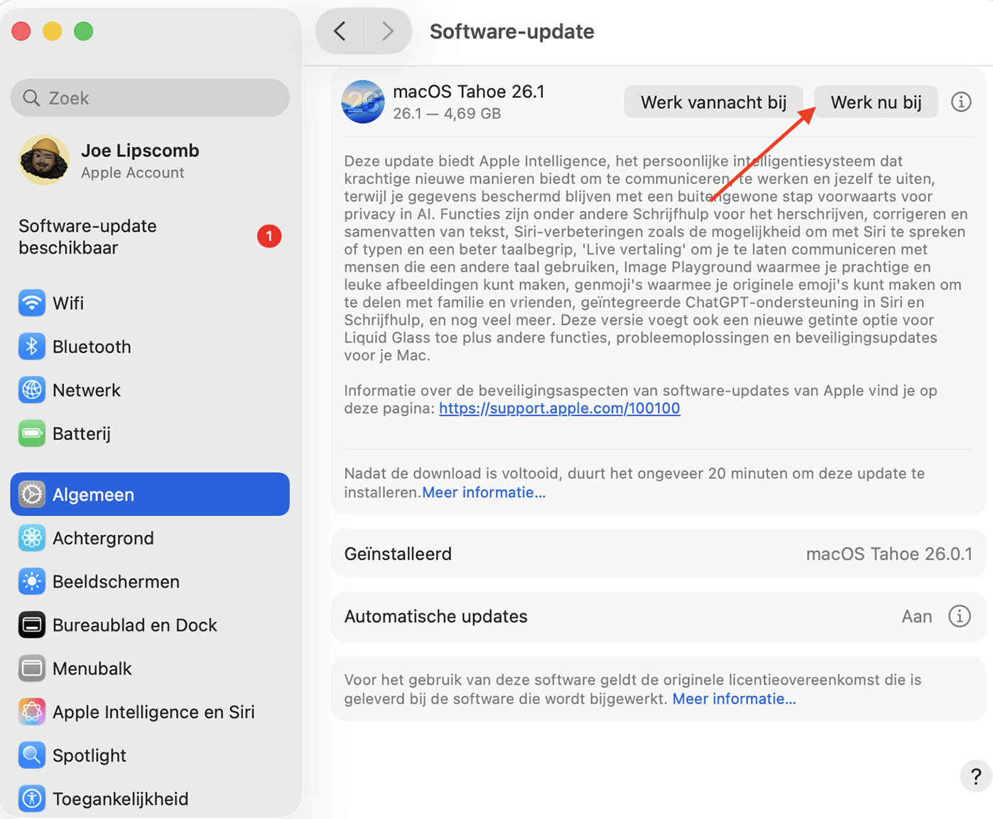 Systeeminstellingen op je Mac toont het menu Software-update Klik op  Werk nu bijom beschikbare macOS-updates te installeren.