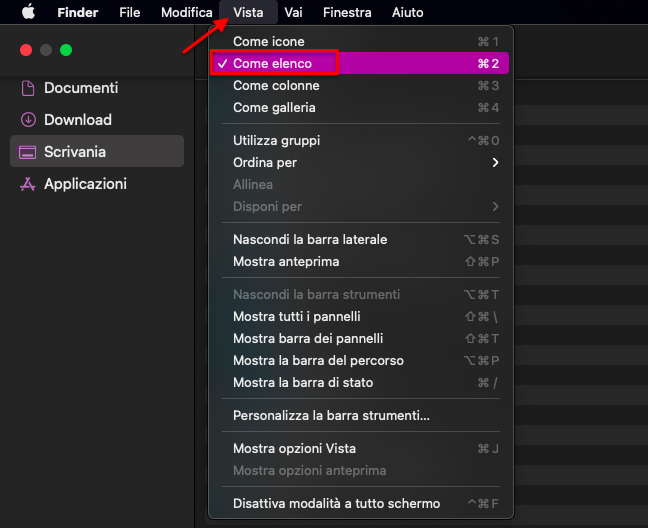 Il menu Vista del Finder sul Mac. Per ordinare i file in base alle dimensioni in modo da liberare spazio sul disco su Mac, selezionare prima come Elenco.