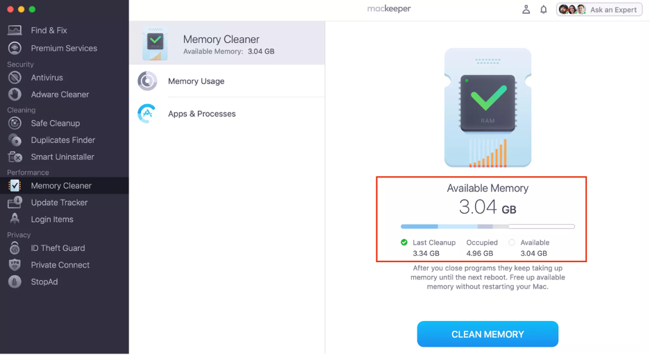 To use MacKeeper’s Memory Cleaner on your Mac, check the memory you’ve just released and the amount of available memory left.