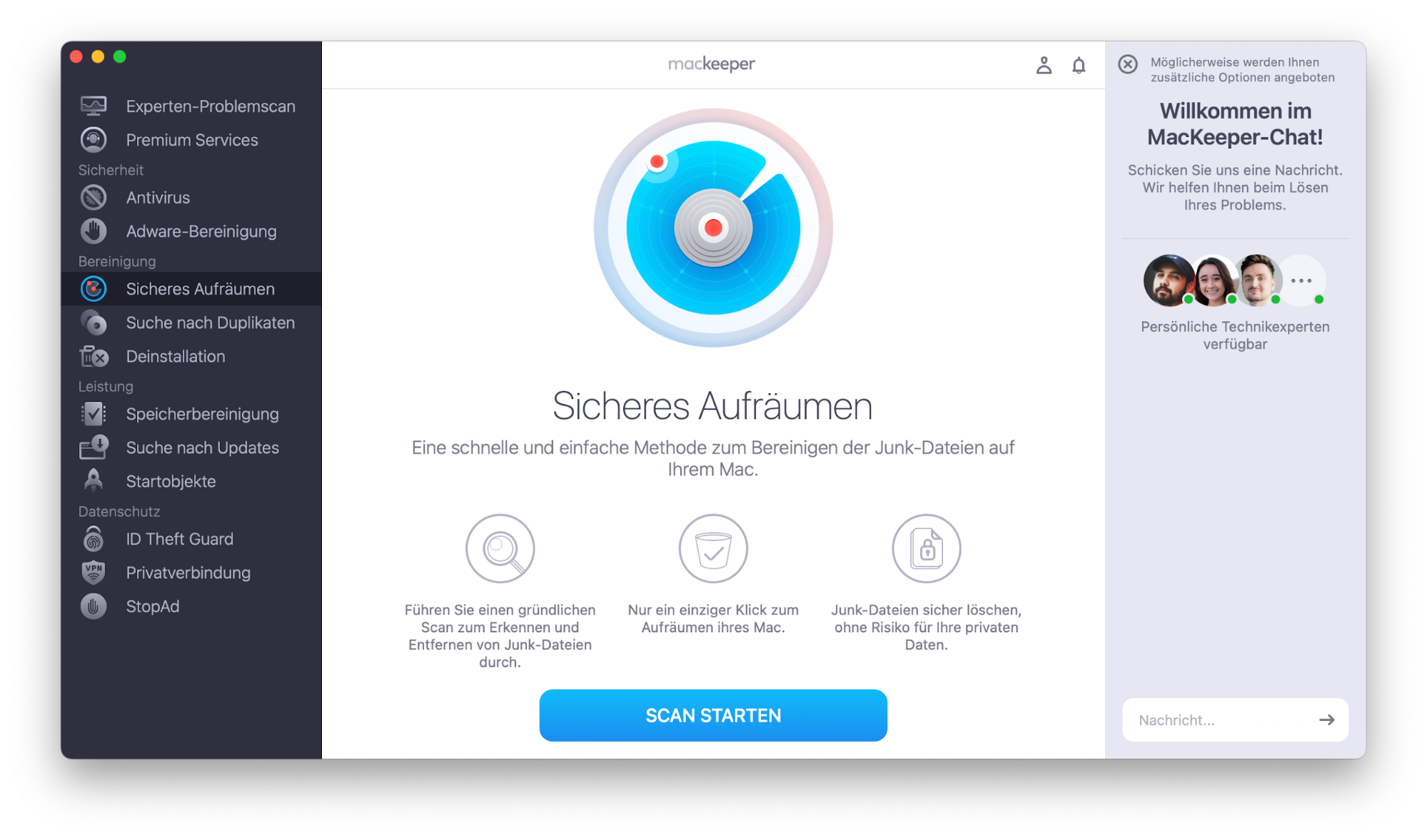 Um das MacKeeper Sicheres Aufräumen auszuführen, laden Sie MacKeeper herunter und starten Sie es. Klicken Sie dann auf die Schaltfläche „Scan starten“, um den Vorgang zu starten.