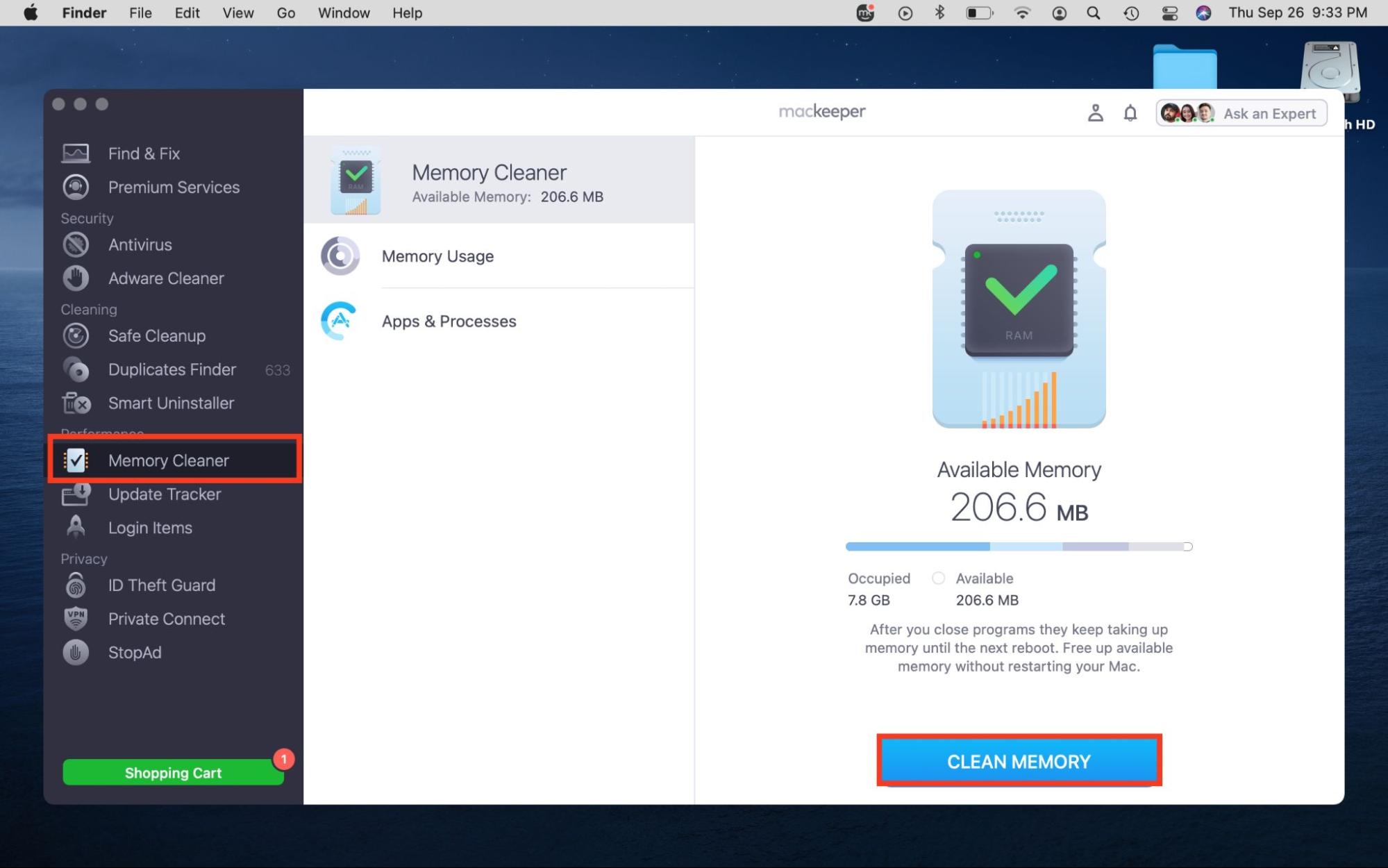 MacKeeper’s Memory Cleaner is opened on a Mac. To force quit Chrome, open Memory Cleaner, then click on Open, followed by Clean Memory.