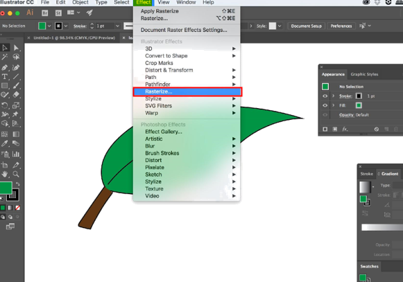 Select objects with heavy effects in Adobe Illustrator, go to Object > Rasterize, choose your resolution, and click OK to lock effects in place.
