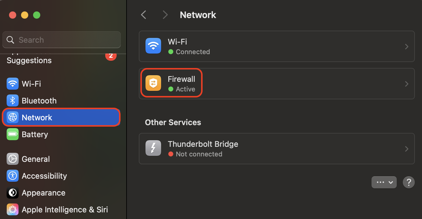Open System Settings on your Mac, select the Network tab, and click Firewall to manage your device's security and incoming connection rules.