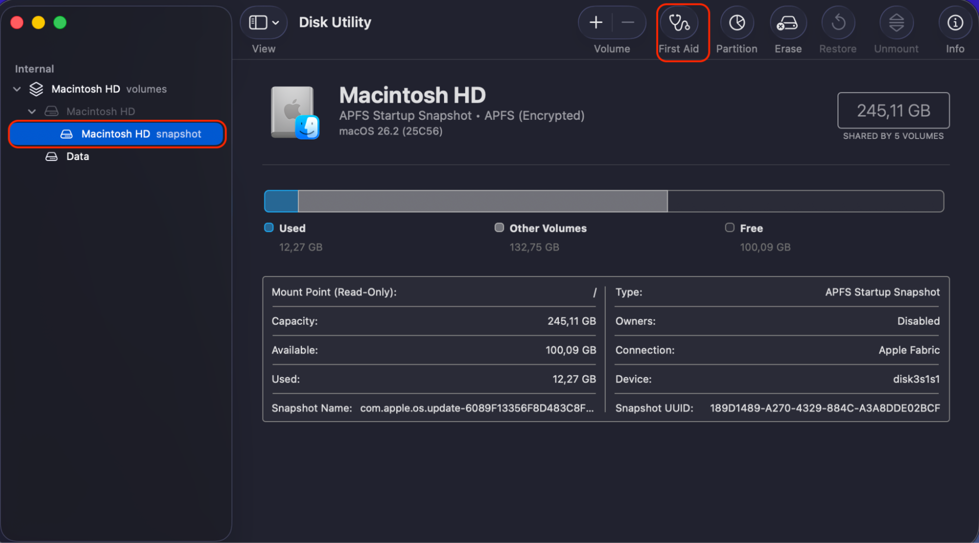 In the Disk Utility app, find your actual disk named Macintosh HD and run First Aid in the highlighted area of the screen.