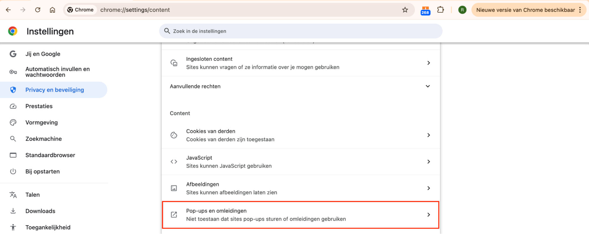 Klik nu op ‘Pop-ups en omleidingen’. Hier kun je instellen welke sites pop-ups mogen weergeven en welke niet. Dit kan voorkomen dat malware je lastigvalt.