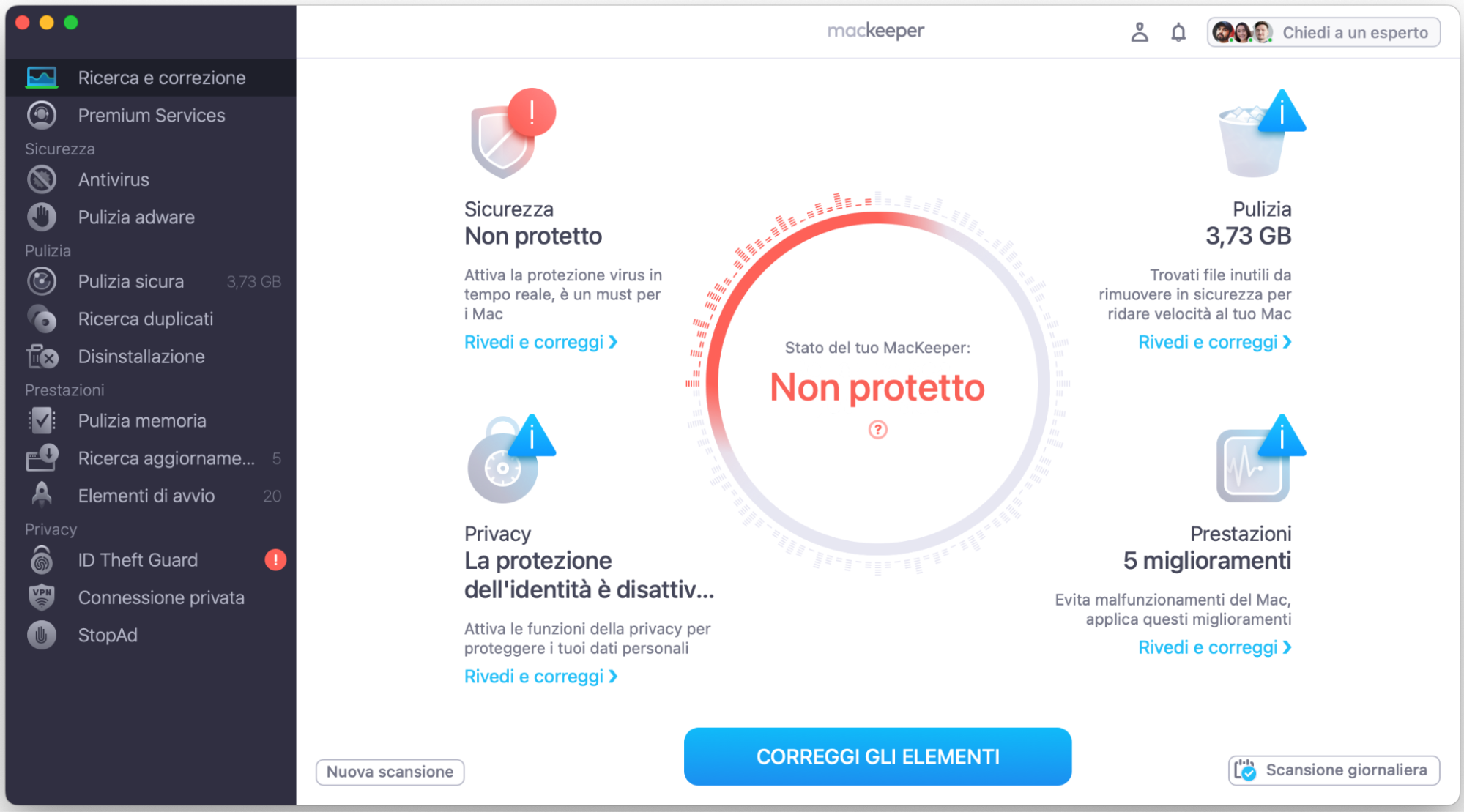 Al termine della scansione, esamina i miglioramenti consigliati e clicca su Correggi gli elementi. Puoi anche scegliere i problemi uno per uno, esaminare il report dell’app e poi correggerli.