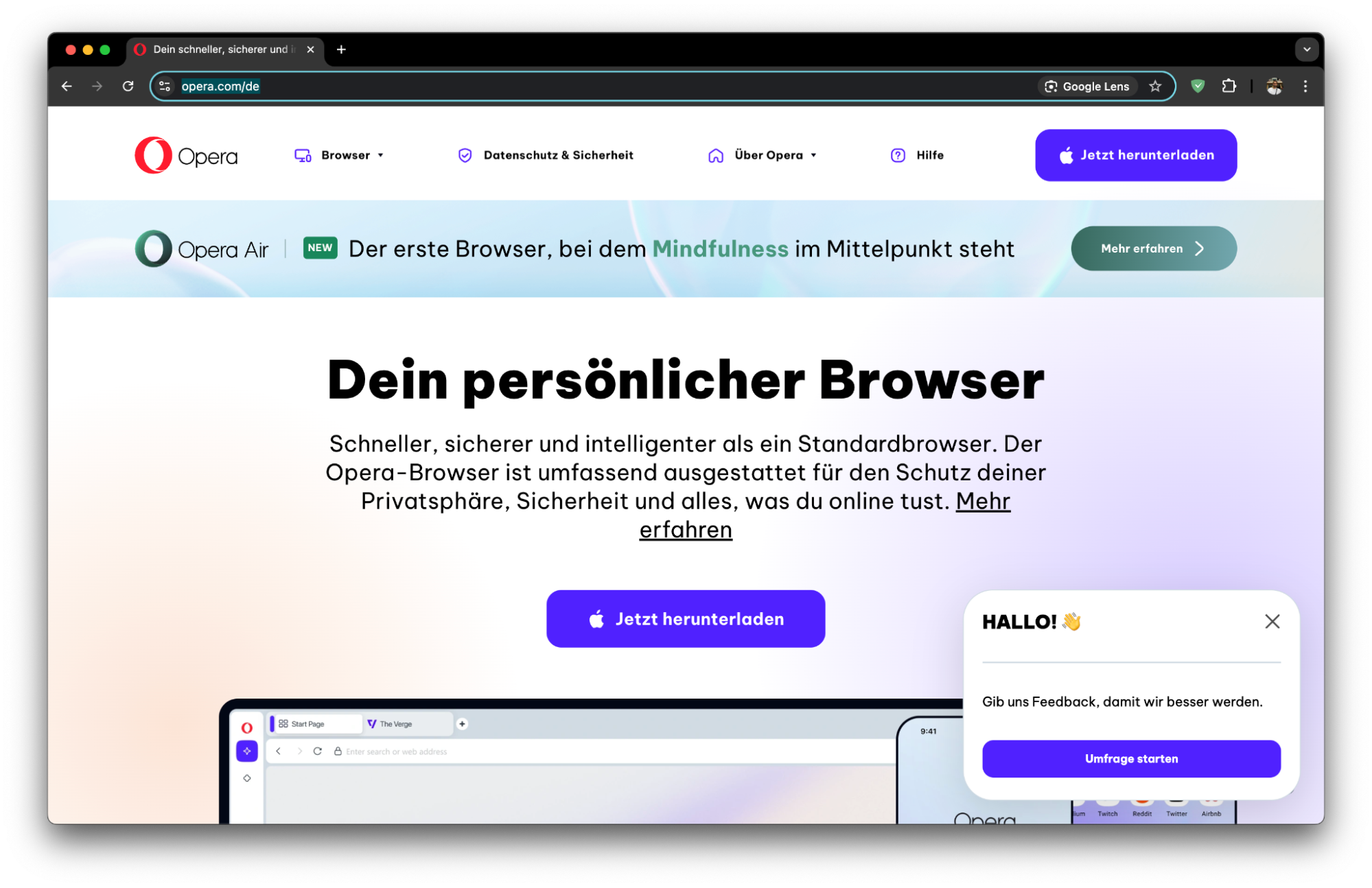 Ein weiterer empfehlenswerter Internetbrowser für Mac-Nutzer ist Opera. Seine einzigartigen Funktionen und sein schlankes Design reduzieren den Bedarf an Rechenleistung und Ressourcen, wodurch Geschwindigkeit und Arbeitsspeicher verbessert werden.