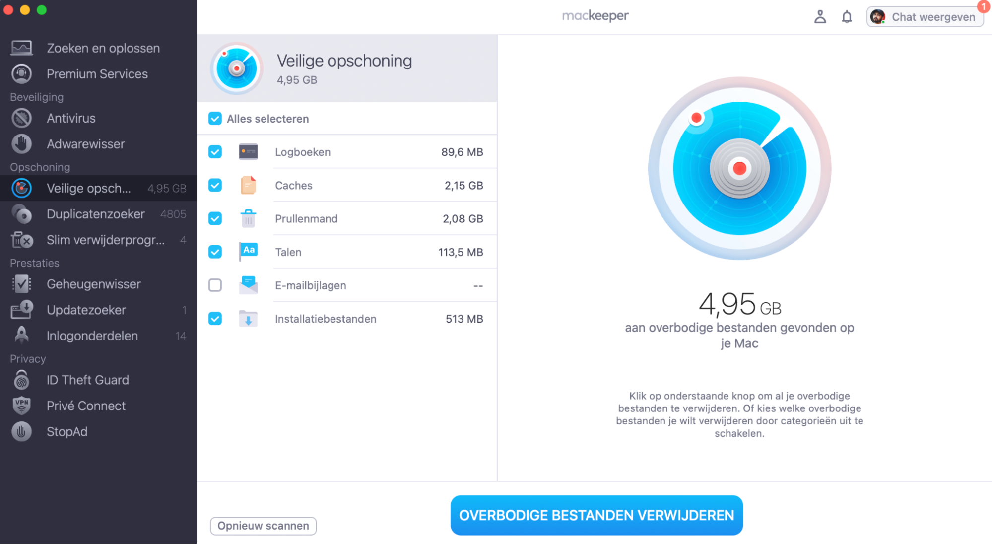 Na de scan kun je de gevonden bestanden bekijken of op Ongewenste bestanden verwijderen klikken om alles in één keer te verwijderen. Zo blijft je browser soepel werken doordat onnodige gegevens worden verwijderd.