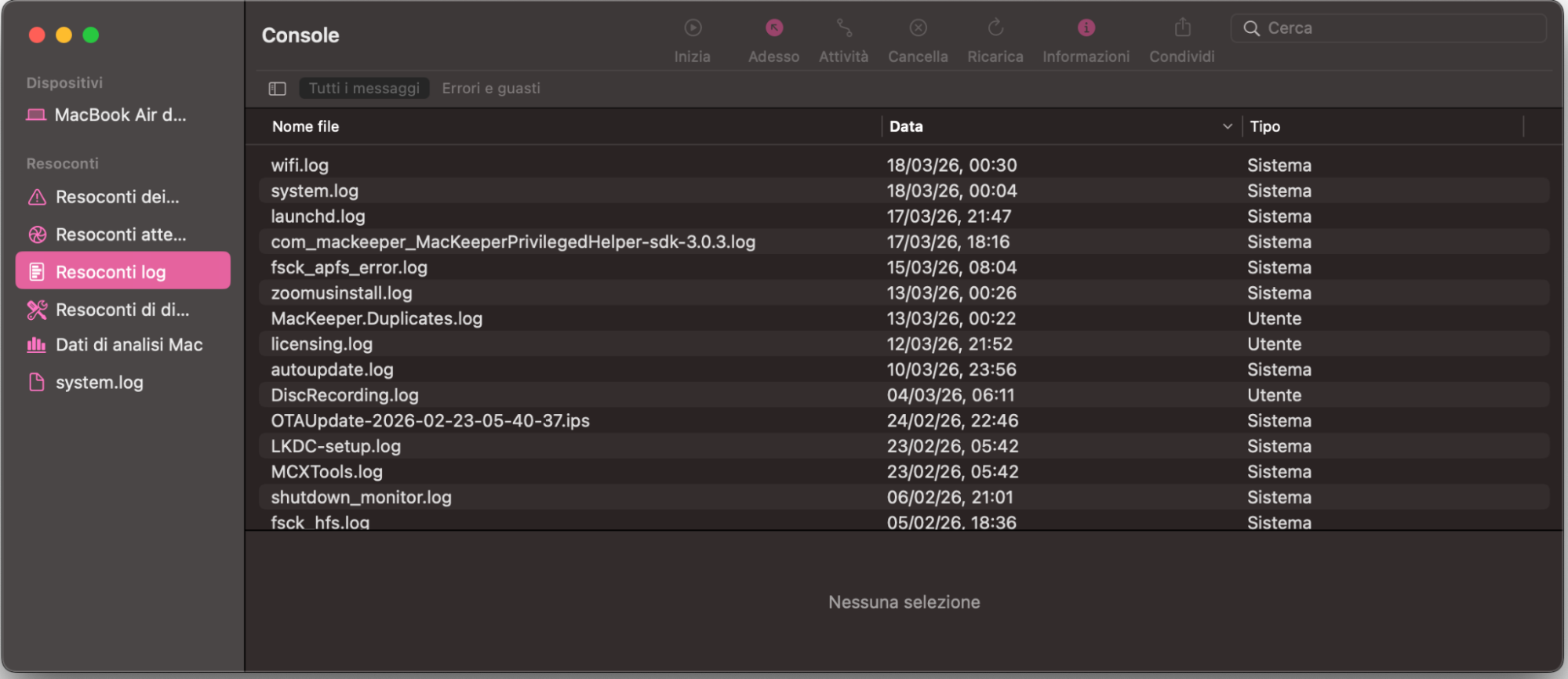 L’app Console sul Mac mostra la sezione Resoconti log. Controlla l’elenco per individuare eventuali errori di sistema che possono aiutare a diagnosticare i problemi più comuni.
