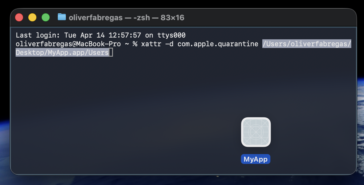 Dragging the MyApp icon into the Terminal window on macOS auto-fills the app path after the xattr quarantine removal command.