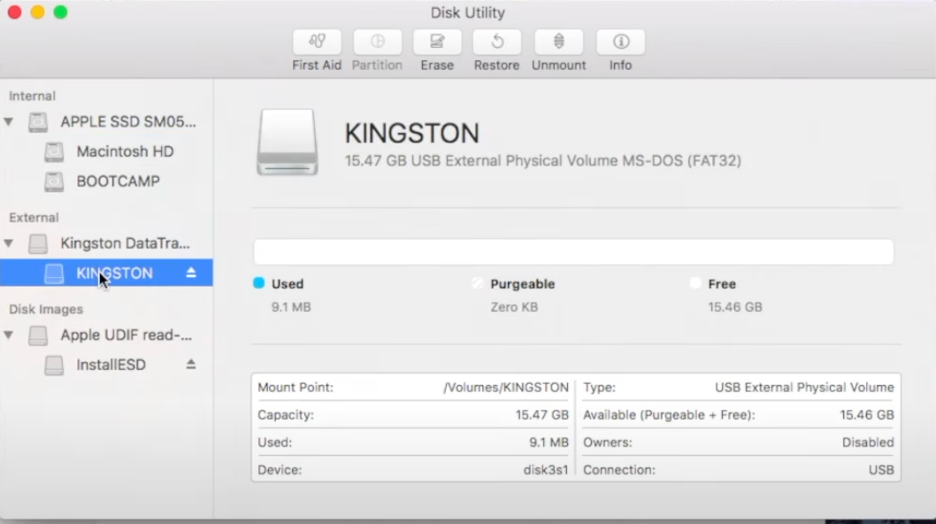 To clean install High Sierra on your MacBook, select your external disk in the Disk Utility’s sidebar.