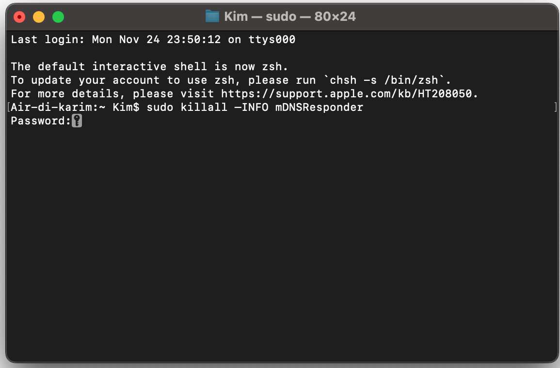 Ti verrà chiesto di inserire la password, ma non verrà visualizzata mentre la digiti nel Terminale. Scrivila normalmente e premi di nuovo Invio.