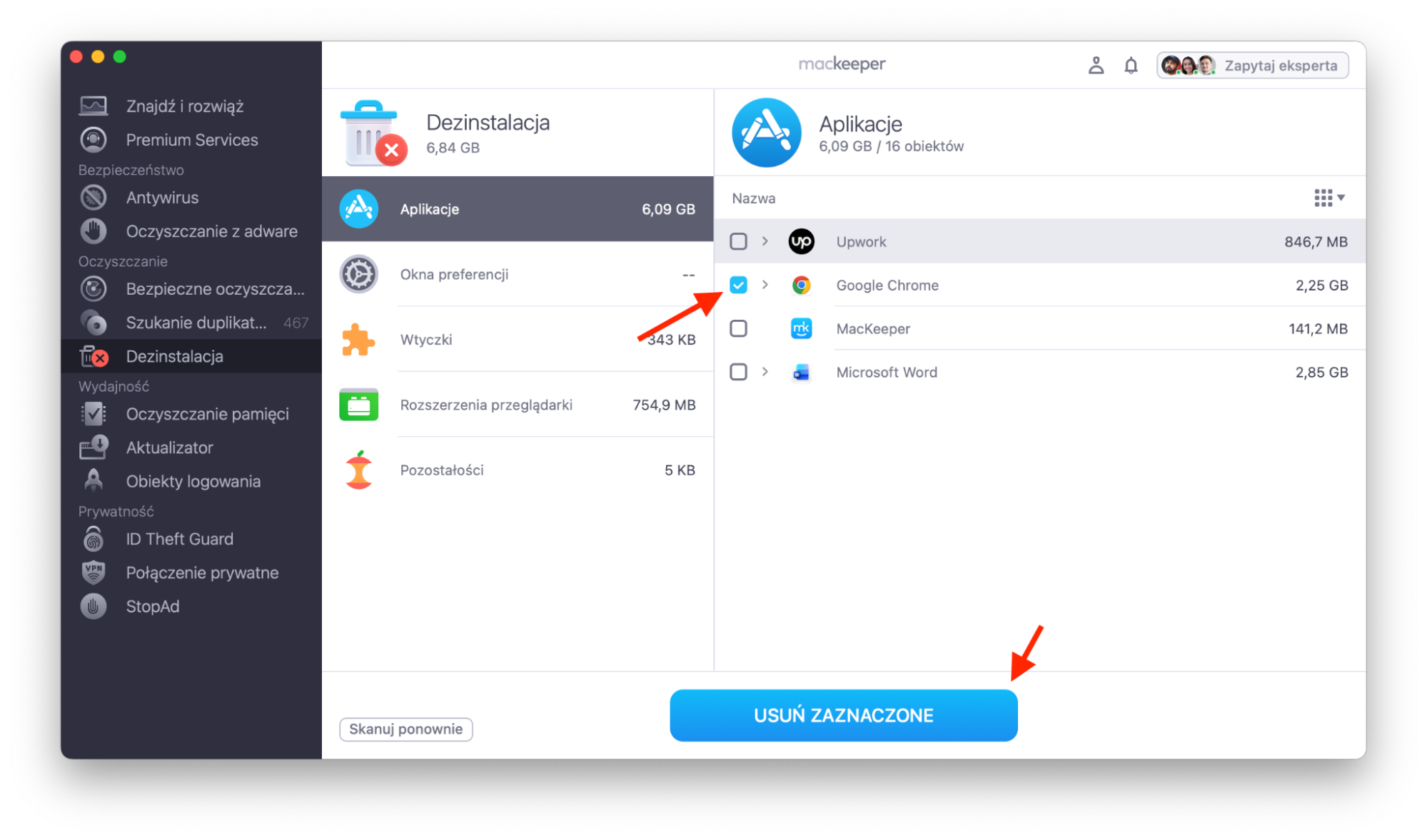 MacKeeper na Macu pokazuje narzędzie Dezinstalacja. Po zaznaczeniu aplikacji do odinstalowania kliknij przycisk Usuń zaznaczone.