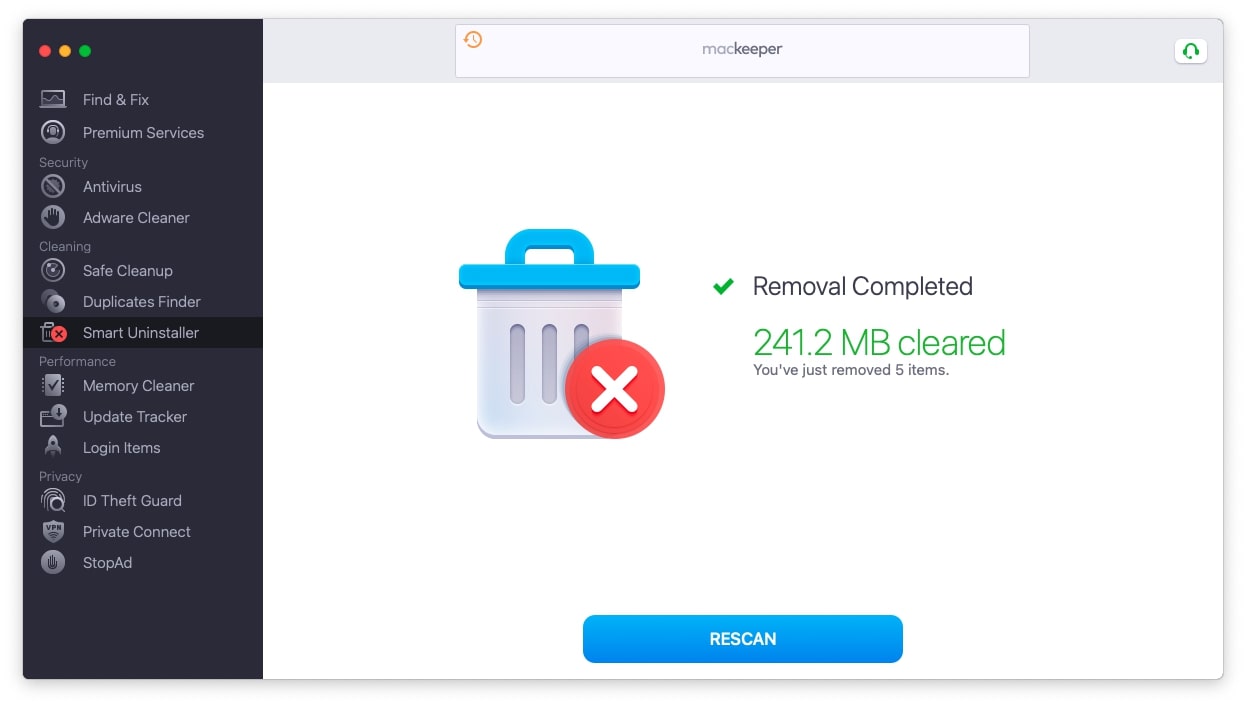 MacKeeper confirms having uninstalled applications on a Mac. To delete an app from a Mac with MacKeeper, use the Smart Uninstaller tool.
