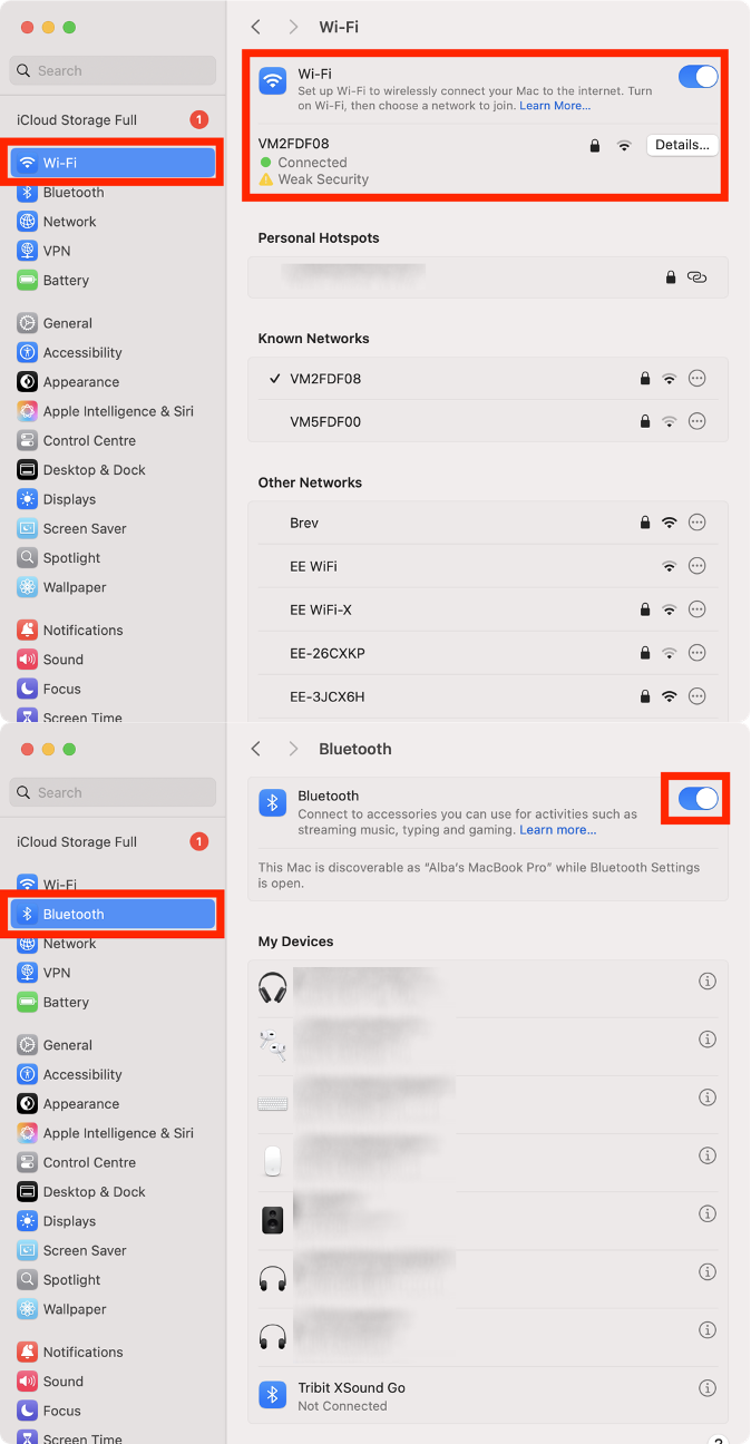 To check the connections before you use iPhone Mirroring on your Mac, go to your Mac’s System Settings, select Wi-Fi or Bluetooth, and make sure they’re enabled or connected to the correct network.