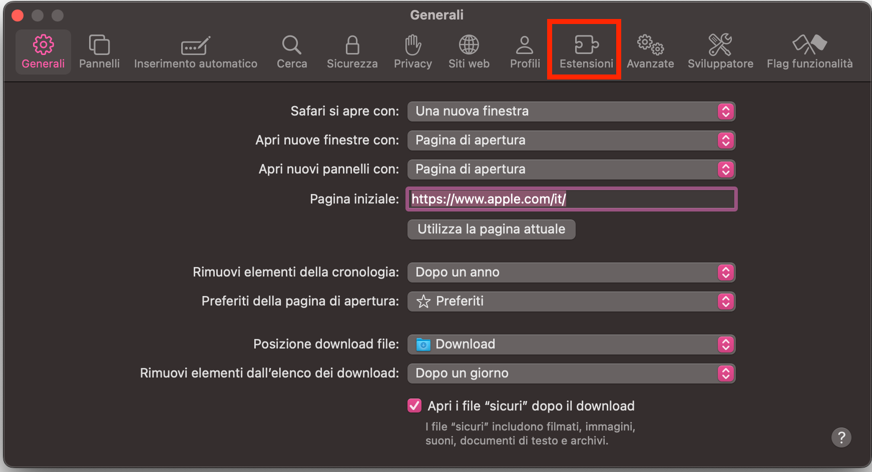 Nella finestra Impostazioni che si apre, vai alla scheda Estensioni.