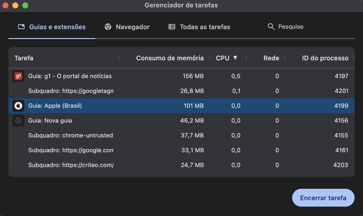 Após abrir o Gerenciador de tarefas, todos os seus maiores processos aparecerão na tela. Escolha os que quiser encerrar e toque em Encerrar tarefa no canto inferior direito.