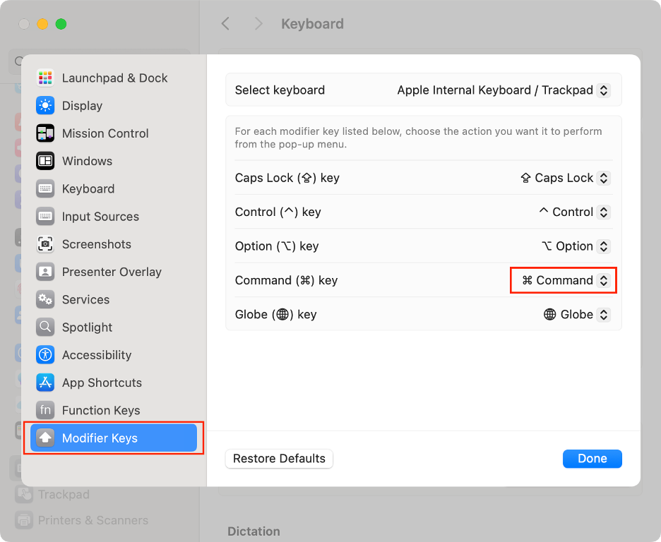 To adjust the settings of your Command keys and solve the issue on your Mac, go to Modifier Keys and select Command next to Command key.