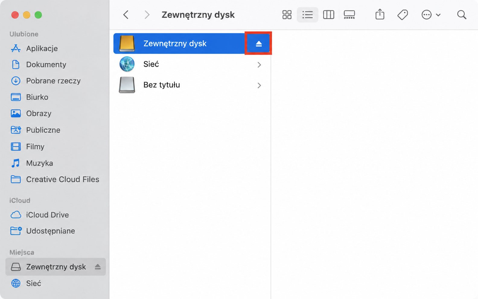 Przed odłączeniem dysków zewnętrznych powinieneś je wysunąć z macOS, aby nie utracić danych. Kliknij ikonę wysuwania, aby to zrobić.