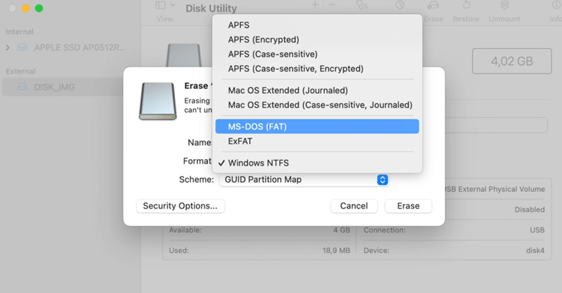 Select your SD card in Disk Utility, click Erase, choose exFAT for compatibility or APFS for Mac-only, then confirm.