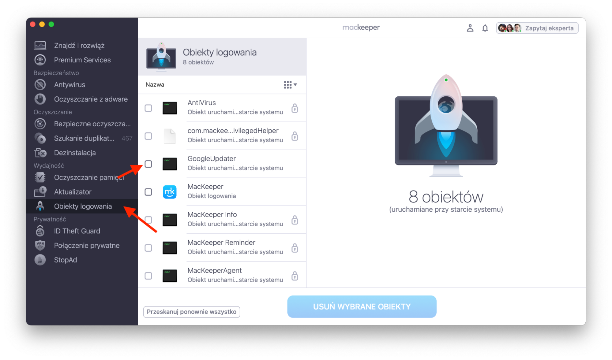 MacKeeper na Macu pokazuje narzędzie Obiekty logowania. Zaznacz aplikacje, których nie chcesz uruchamiać podczasozruchu, a następnie kliknij Usuń wybrane  obiekty.