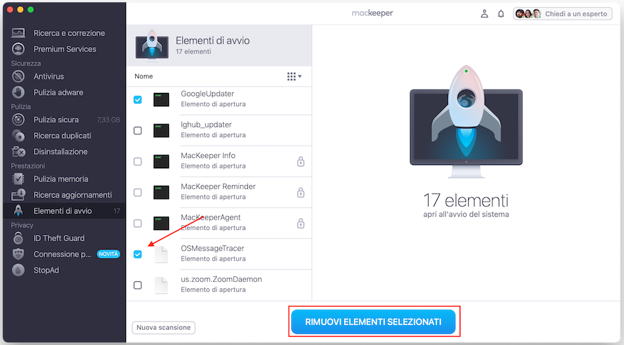 La funzione Elementi di Avvio di MacKeeper su Mac.
