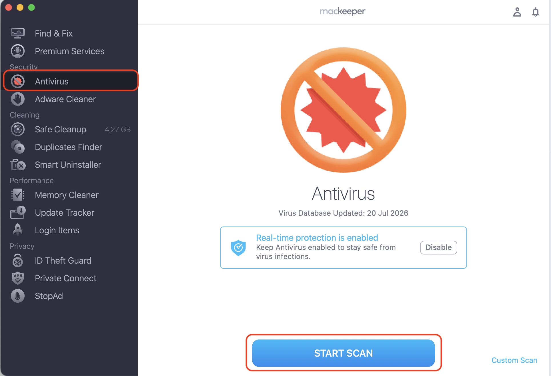 The Antivirus section of the MacKeeper app on a MacBook, where you click Start Scan to check macOS for malware that may block shortcuts.