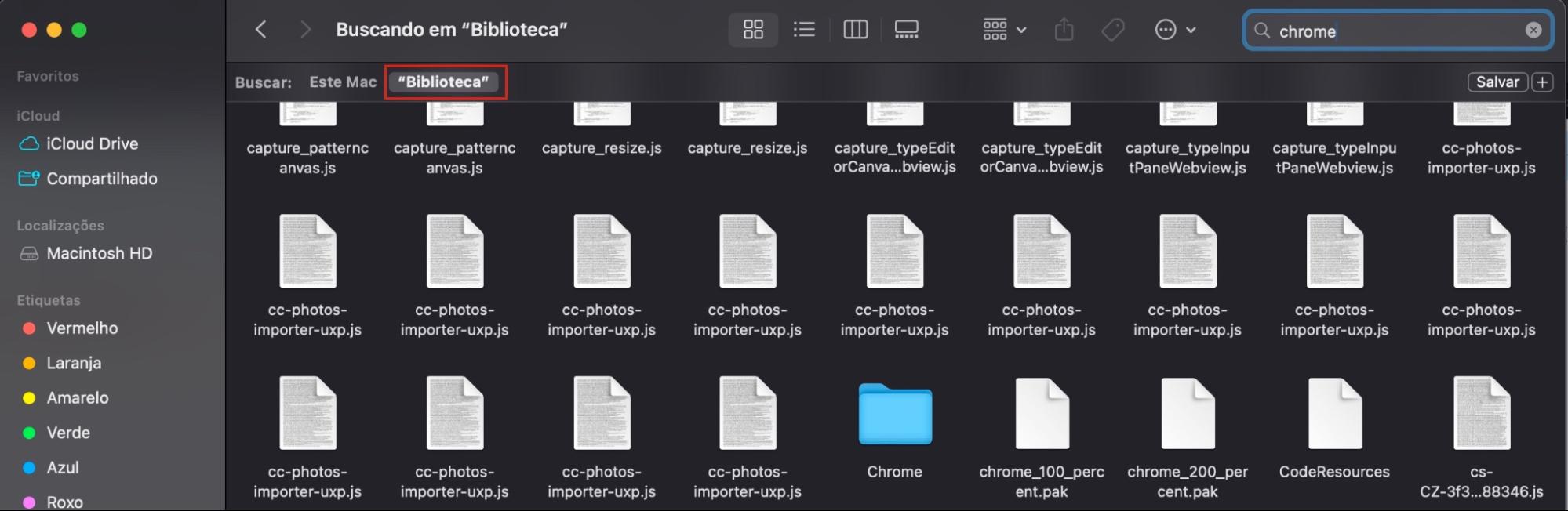 A pasta Biblioteca aberta destaca o caminho de localização que o usuário selecionou para buscar um aplicativo. Certifique-se de que a busca ocorra dentro da pasta Biblioteca para encontrar os arquivos ocultos.