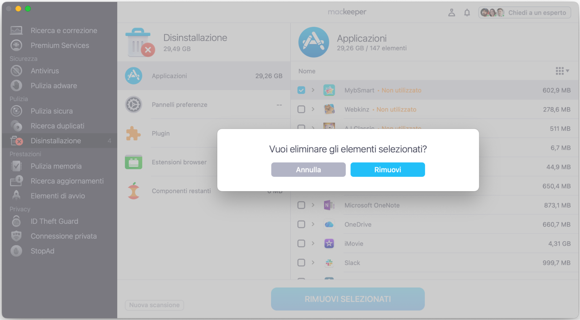 Conferma la tua scelta cliccando su Rimuovi nella finestra a discesa. Attendi mentre MacKeeper elimina le vecchie app.