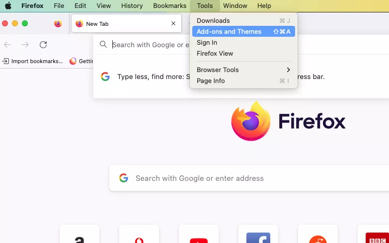 Opening Firefox's Add-ons and Themes settings.