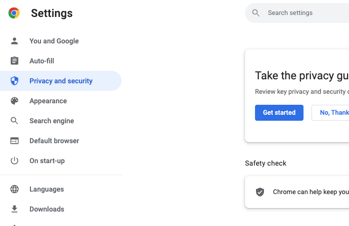 Privacy and security settings in Chrome.