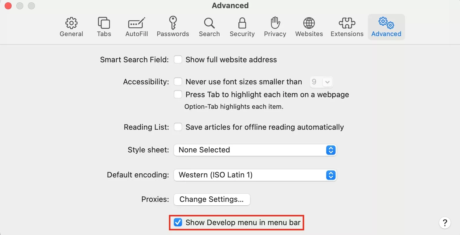 safari show developer menu in the menu bar