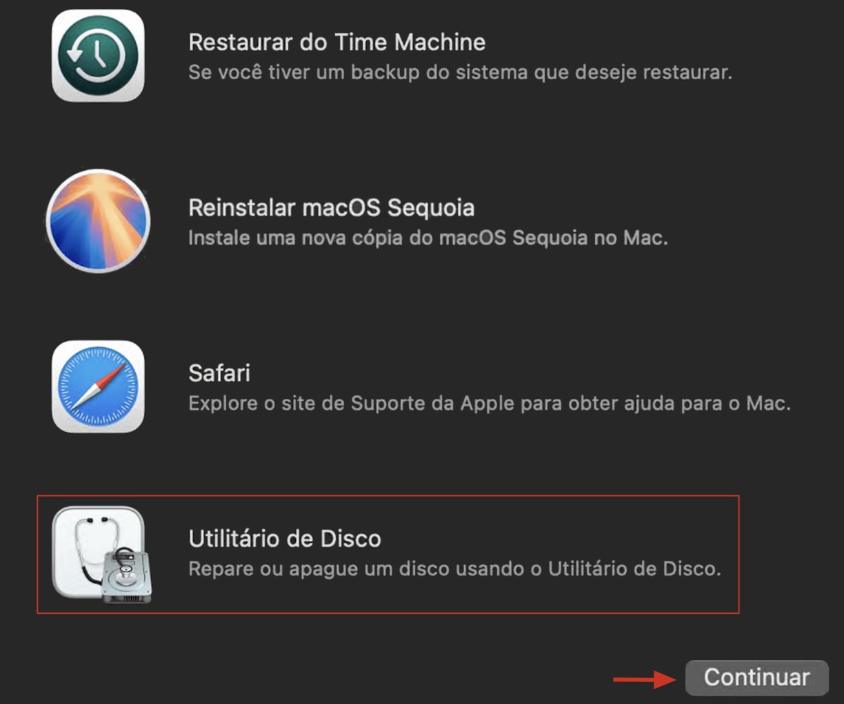 Lista de opções de Recuperação no modo de Recuperação do macOS em um Mac. Para reparar as permissões do disco, selecione Utilitário de Disco e clique em Continuar.