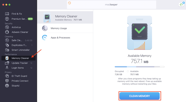 MacKeeper on Mac shows the Memory Cleaner tool. Click Clean Memory to free up RAM on your Mac.