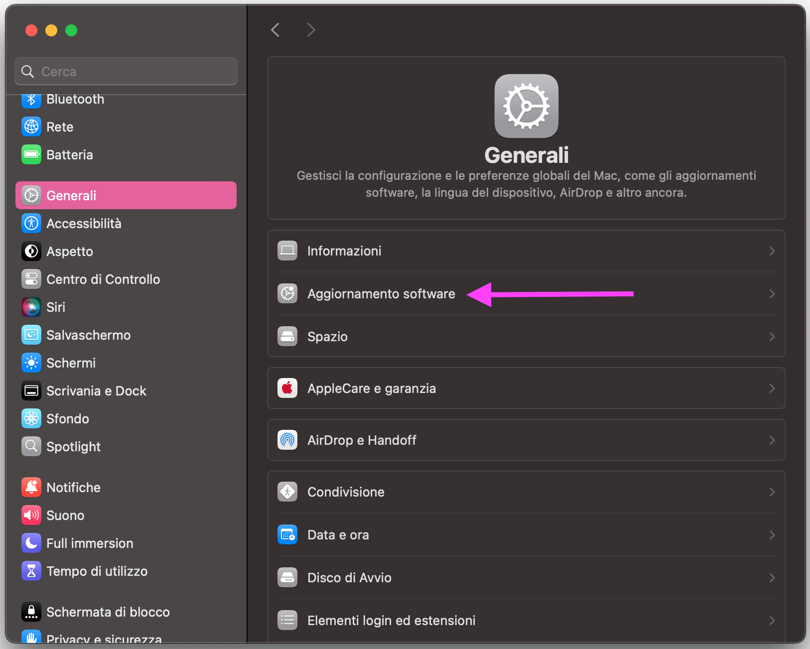 Per attivare gli aggiornamenti automatici, abilita l’opzione Mantieni automaticamente aggiornato il Mac.