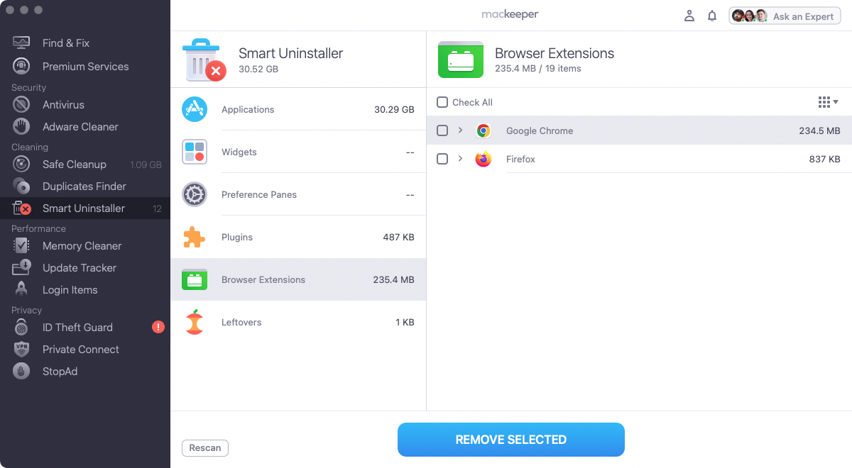 Browser extension removal in MacKeeper.
