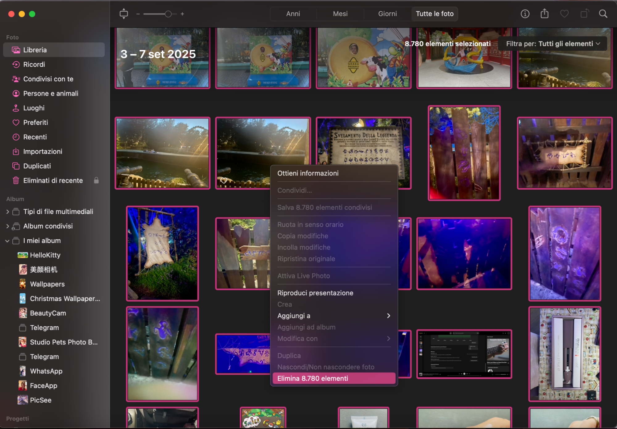Per eliminare tutte le foto dal tuo Mac, avvia l’app Foto e vai su Libreria nel pannello a sinistra. Seleziona tutte le immagini premendo Cmd + A e fai clic su Elimina elementi.