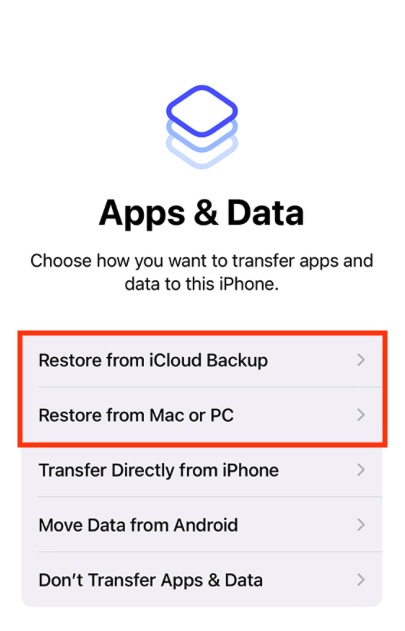 The setup process on iPhone showing the Apps & Data screen. Select your preference to restore your device from a previous backup.