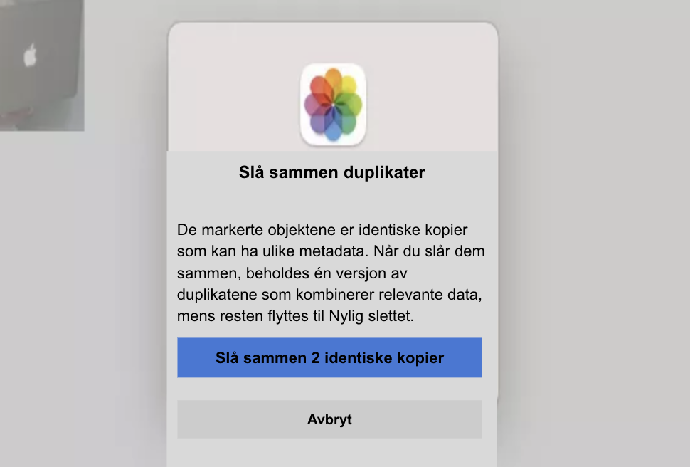 Til slutt bekrefter du at du vil slå sammen de dupliserte bildene. Bilder-appen fjerner alle de unødvendige kopiene i biblioteket ditt, og du sitter igjen med ett.