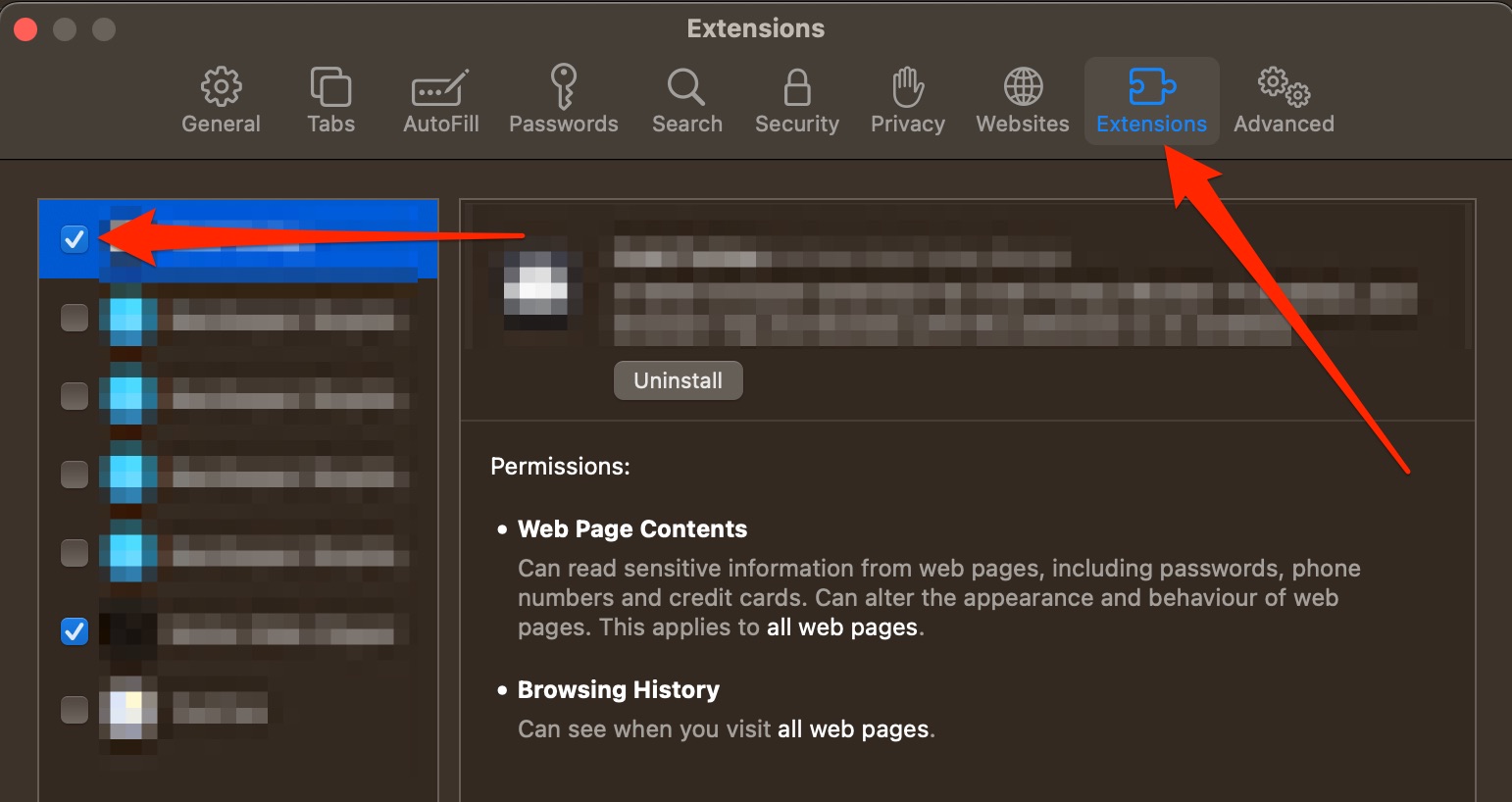 Unticking and uninstalling suspicious Safari extensions can potentially remove fake virus notifications. Select Safari > Settings > Extensions first