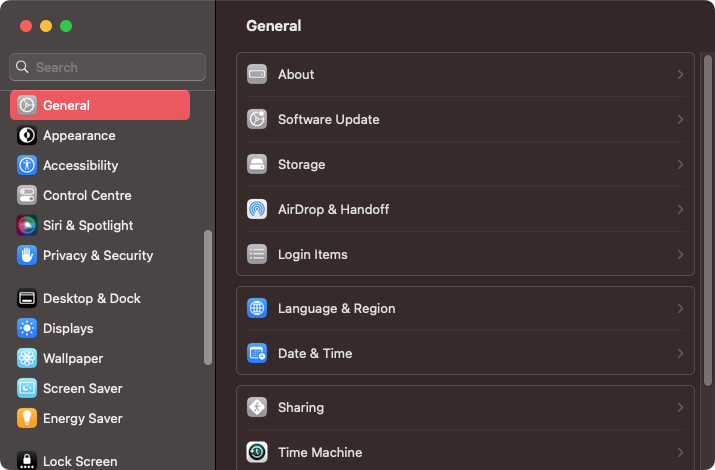 Start by selecting 'General' in your Mac's System Settings. Then select 'Storage'. That's where you'll find your Mac's built-in storage tools.