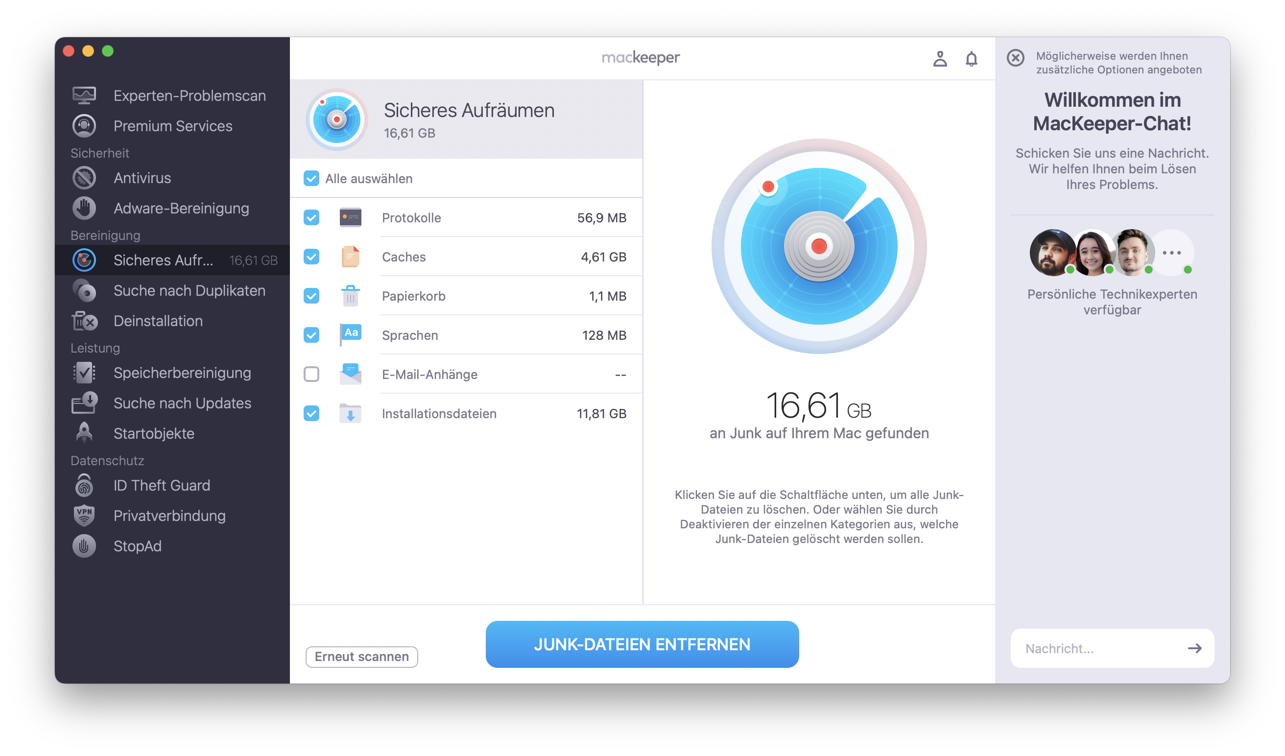 Warten Sie, bis der Scan abgeschlossen ist. Sehen Sie sich die Liste der gefundenen Dateien an. Markieren Sie die Kontrollkästchen neben den Elementen, die Sie entfernen möchten. Klicken Sie auf Junk-Dateien bereinigen.