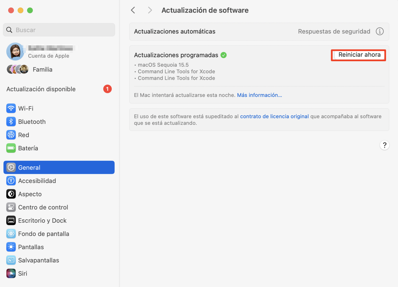 Un consejo para solucionar el mensaje de seguridad débil de la red Wi-Fi en tu Mac es actualizar su software. Para ello, pulsa el botón Actualización de software, comprueba los resultados que aparecen en la lista y selecciona Reiniciar ahora si tu Mac ha encontrado actualizaciones que puedes implementar.