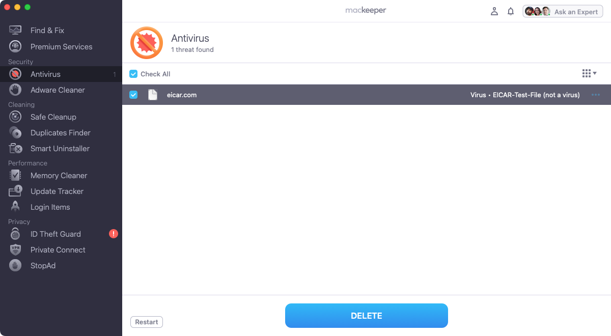 If MacKeeper finds any malware, you simply have to select it from the list, then click the Delete button to start the removal process.