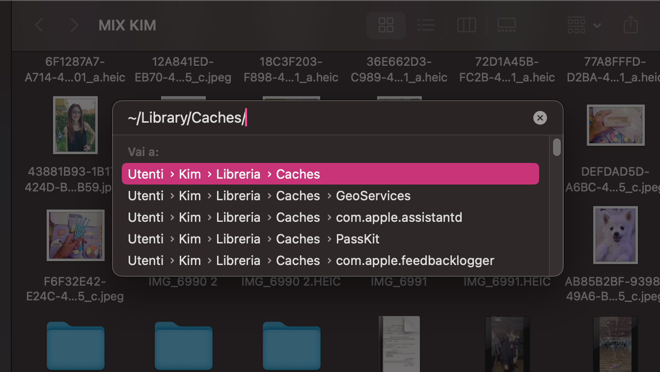 Continua il processo per liberare RAM sul Mac digitando ~/Library/Caches/ e premendo il tasto Invio. Da qui puoi accedere ed eliminare tutte le cache che desideri.