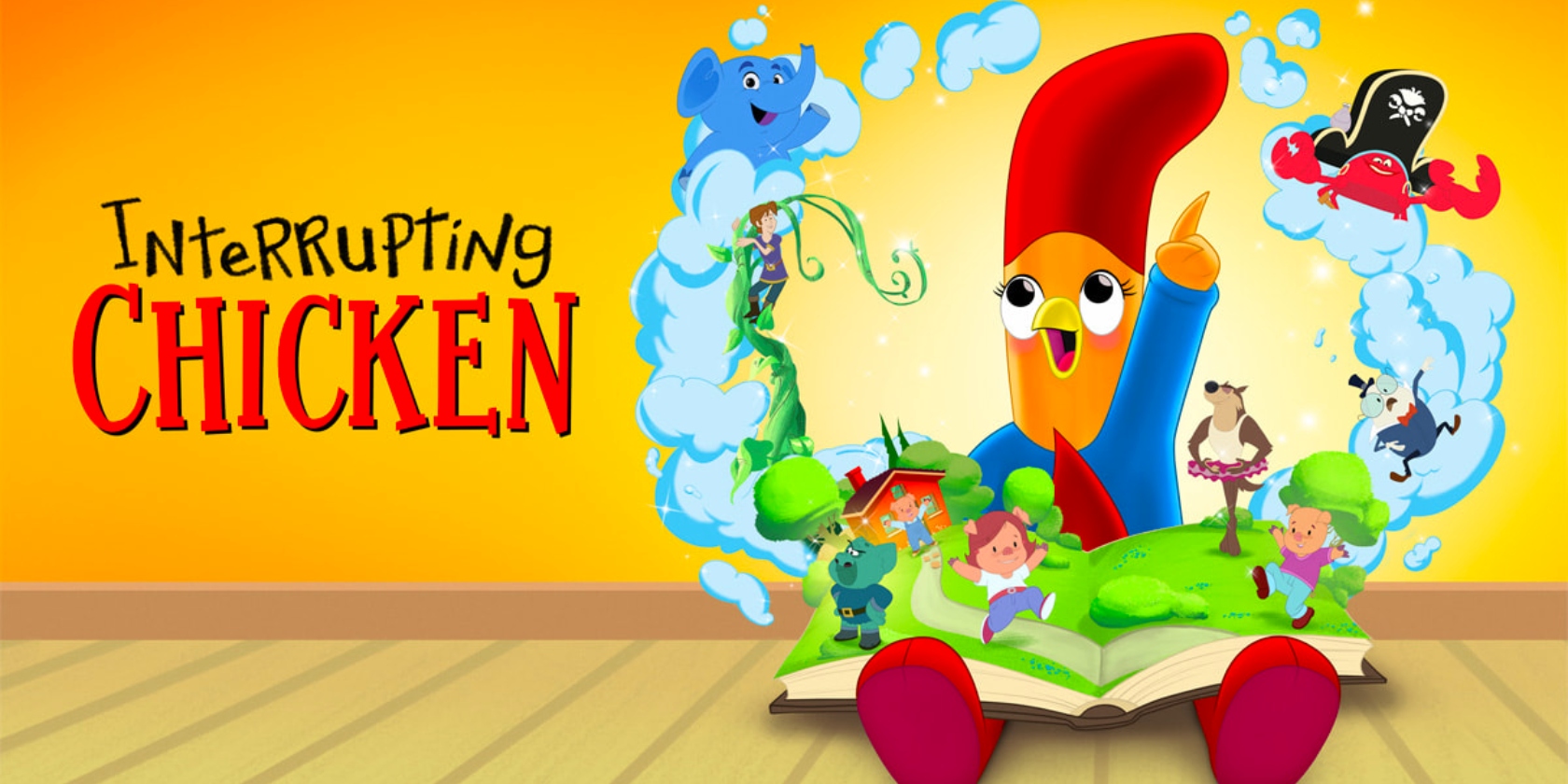 Interrupting Chicken's main character is happily pointing upwards and is surrounded by an imaginative world. Interrupting Chicken's main character is happily pointing upwards and is surrounded by an imaginative world.